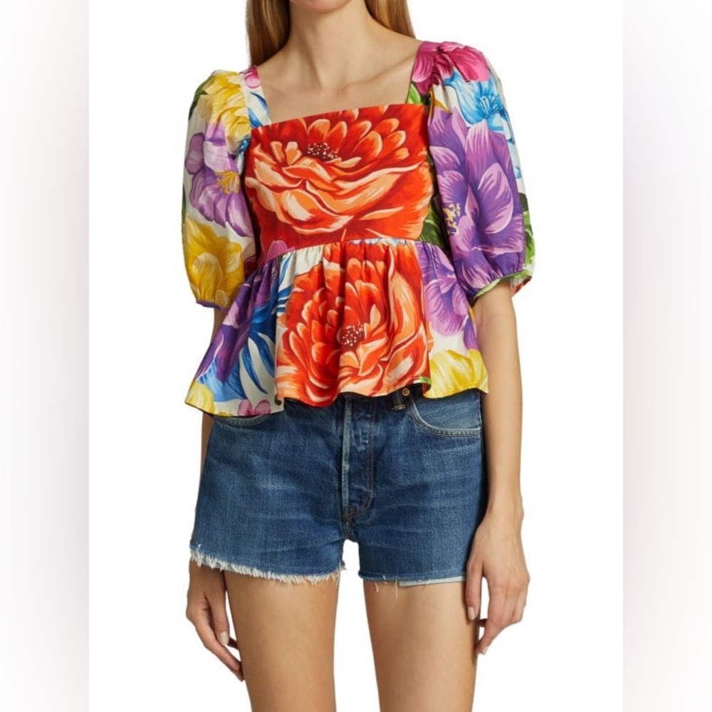 FARM Rio Rainbow Chita Floral Blouse Square Neck Puff Sleeve Boho Top | Size XS - Picture 11 of 12